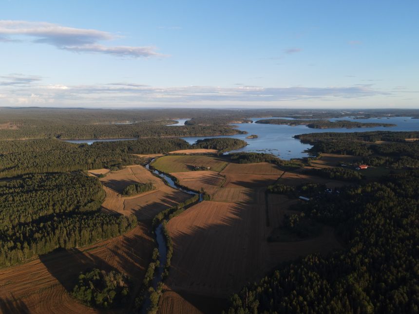Dronebilde Vansjø med omkringliggende åkre og skog