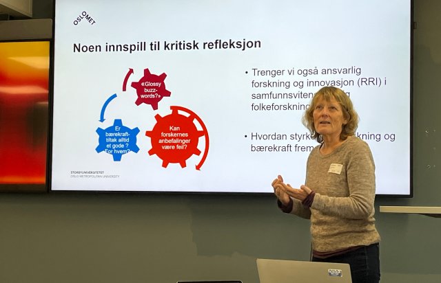 Reidun Norvoll er forsker 1 på Arbeidsforskningsinstituttet (AFI), OsloMet. Hun snakket om sosial bærekraft og samfunnsvitenskapelig folkeforskning (Foto: NIVA). 